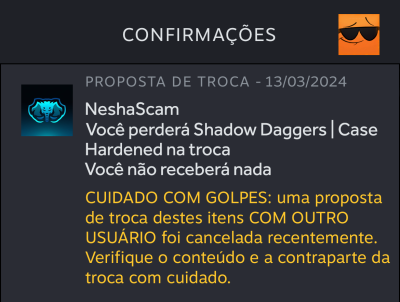Captura de tela de um aviso de golpe em uma proposta de troca de itens com outro usuário, cancelada recentemente.