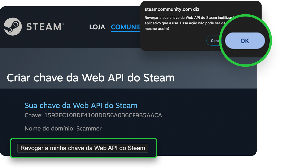 Interface do site da Steam mostrando a seção 'Criar chave da Web API do Steam' com uma chave API exibida. Um botão destacado 'Revogar a minha chave da Web API do Steam' é enfocado e uma janela de confirmação com o texto 'Revogar sua chave da Web API do Steam inutilizará qualquer aplicativo que a usa' aparece com a opção 'OK' em destaque, indicando o processo para revogar uma chave API comprometida.