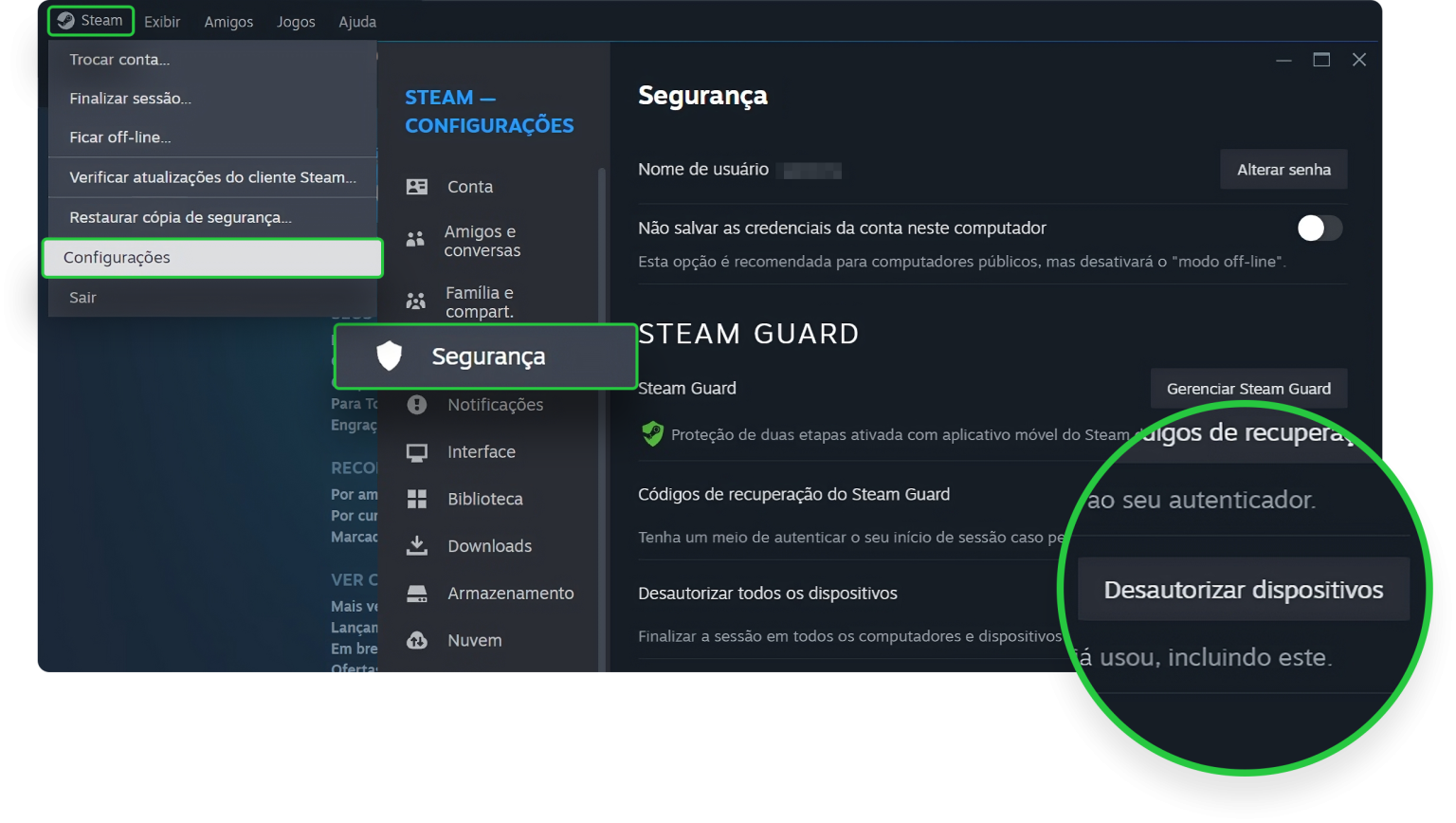 Captura de tela mostrando a interface do programa Steam no PC com a seção 'Configurações' aberta, destacando a aba 'Segurança' e a opção 'Desautorizar dispositivos'. Isso indica como um usuário pode remover o acesso de todos os dispositivos à sua conta Steam para garantir que ninguém mais possa acessá-la sem a nova senha.