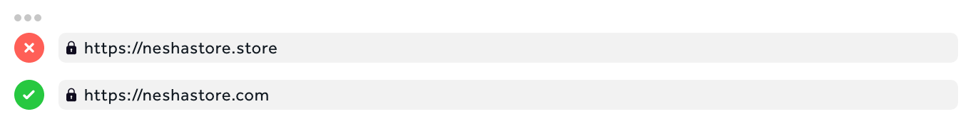 Imagem ilustrativa destacando duas URLs para alertar sobre golpes na internet: a URL fraudulenta 'https://neshastore.store', marcada com um X vermelho, e a URL autêntica 'https://neshastore.com', validada com um sinal de verificação verde, indicando a importância de verificar os endereços para segurança ao acessar a NeshaStore.