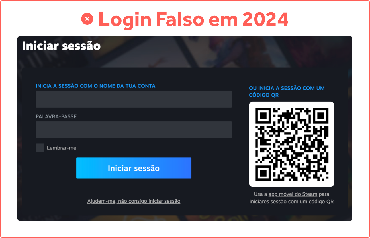 Imagem de uma nova tela de login falsa imitando a interface da Steam em 2024, com um alerta de 'Login Falso em 2024'. A tela apresenta campos para inserir o nome de usuário e a senha, e uma opção para login via QR Code que afirma usar o aplicativo móvel da Steam, uma técnica de scam que loga no dispositivo do golpista.
