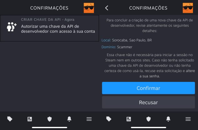 Texto alternativo: "Notificação da Steam na tela de um celular, alertando para a criação de uma chave da API. A mensagem solicita autorização para criar uma chave da API com acesso à conta do usuário, destacando a localização do desenvolvedor em Sorocaba, São Paulo, BR e o domínio 'Scammer'. Um aviso ressalta que a chave da API não é necessária para a sessão na Steam ou outros sites e instrui que, se a chave não foi solicitada ou não se sabe como usá-la, deve-se recusar a solicitação e alterar a senha.